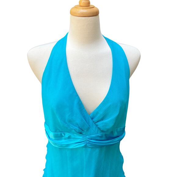 VTG Y2K Silk Halter Top Med/LG Blue Babydoll Ribbon Chiffon V Neck Coquette - Picture 2 of 12